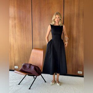 NEW Helsa Stretch Cotton Sateen Midi Dress Black | XS